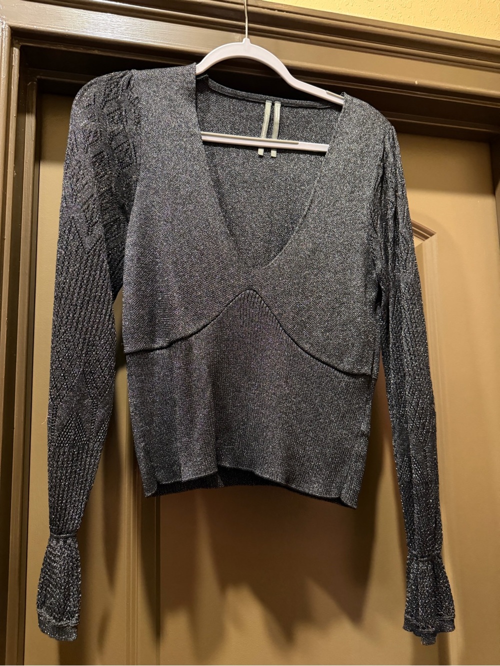 Anthropologie Metallic Charcoal V-Neck Sweater